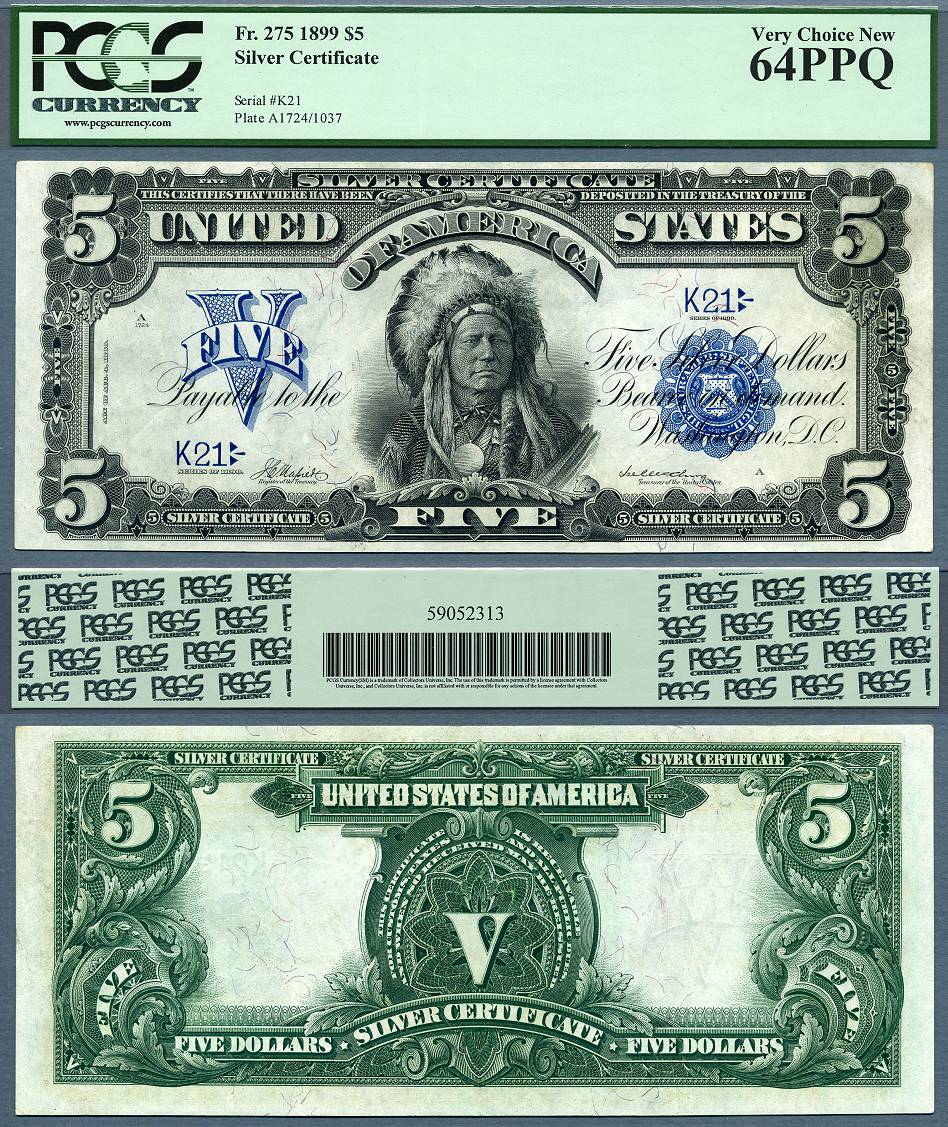 1899 $5 Silver Certificate FR-275 PCGS CU 64PPQ Low & Fancy S/N K21