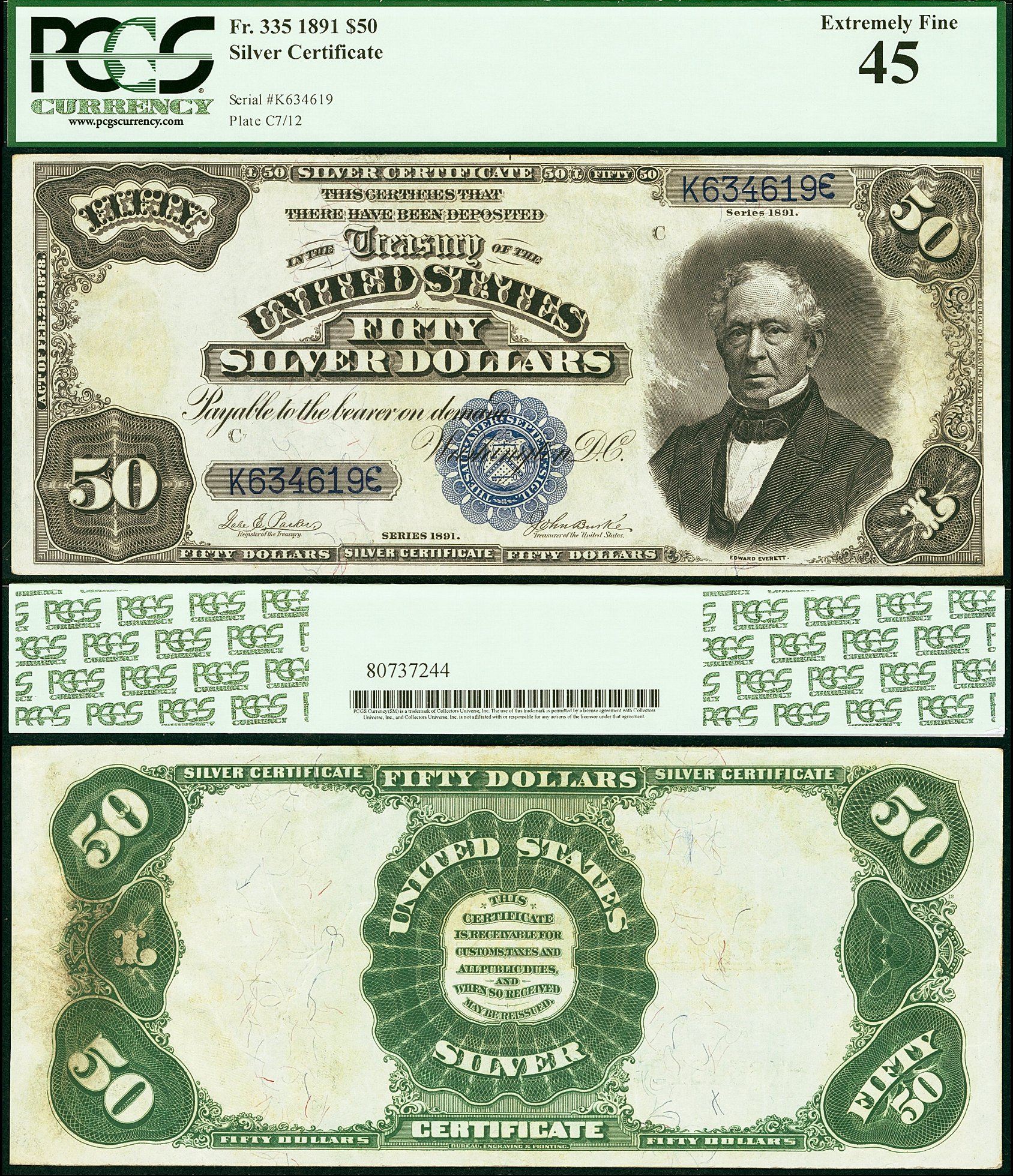 1891 $50 Silver Certificate FR-335 PCGS EF45 S/N K634619