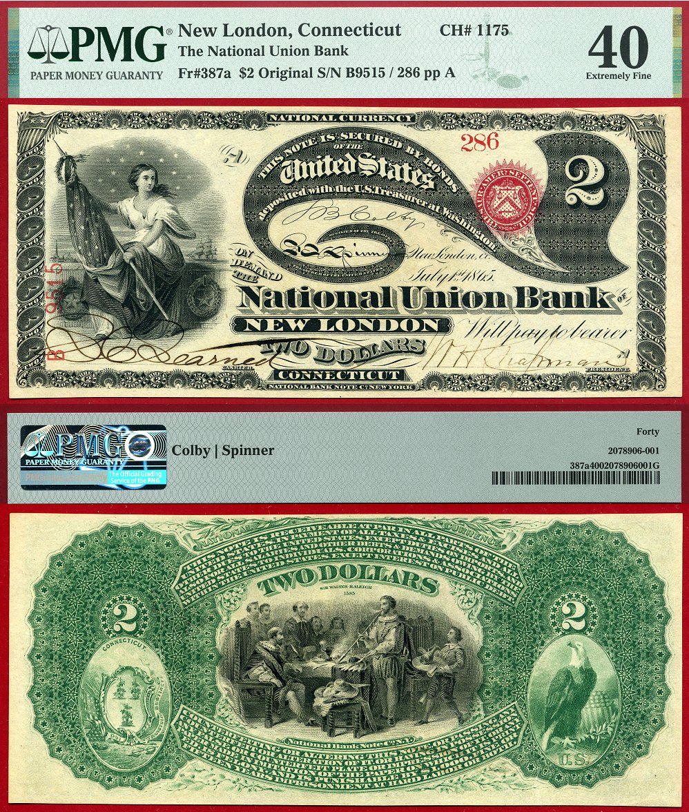 Original Series $2 Lazy Duce FR-387a Charter 1175 National Union Bank New London Connecticut S/N B9515