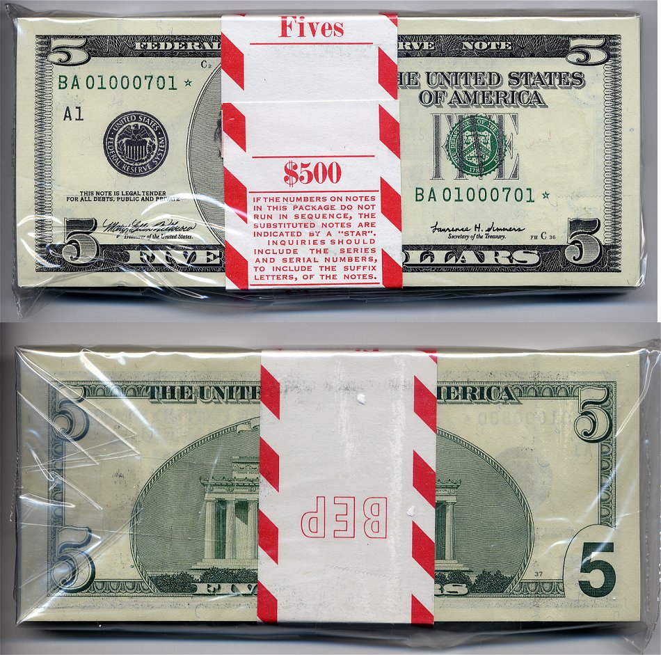 1999 $5 Federal Reserve Star Pack Boston District S/N's BA01000701* thru 800*