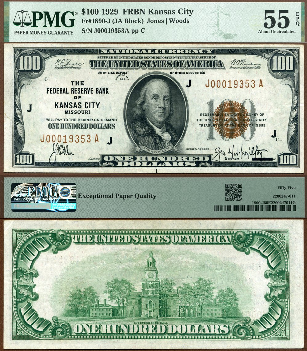 1929 $100 Federal Reserve Bank Note FR-1890-J Kansas City Missouri PMG Graded AU 55EPQ S/N J00019353A