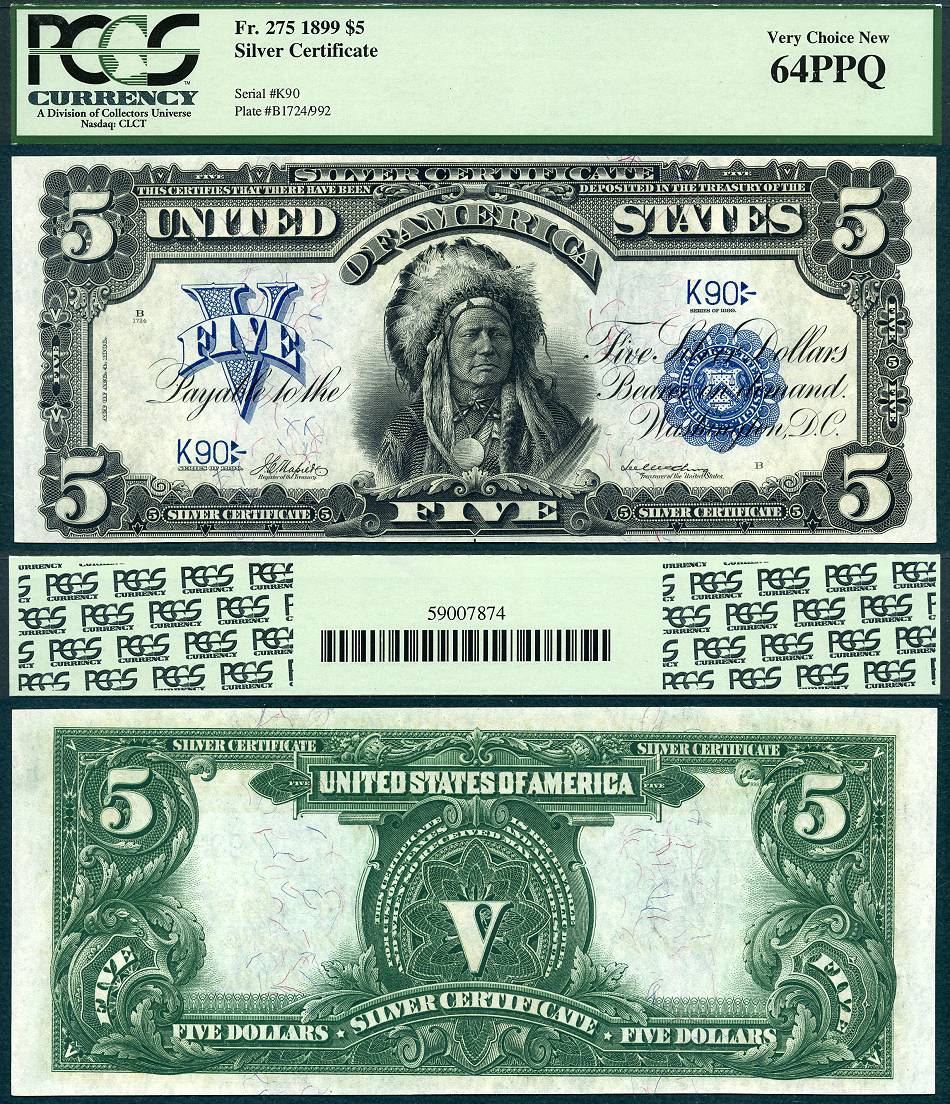 1899 $5 Silver Certificate Chief Note FR-275 PCGS CU64PPQ S/N K90