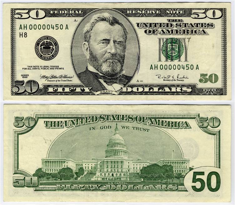 1996 $50 Federal Reserve Note Low S/N AH00000450A