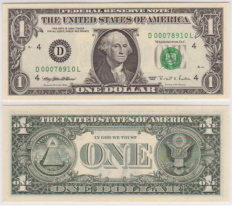 1995 $1 Federal Reserve Note Ladder S/N D00078910 L