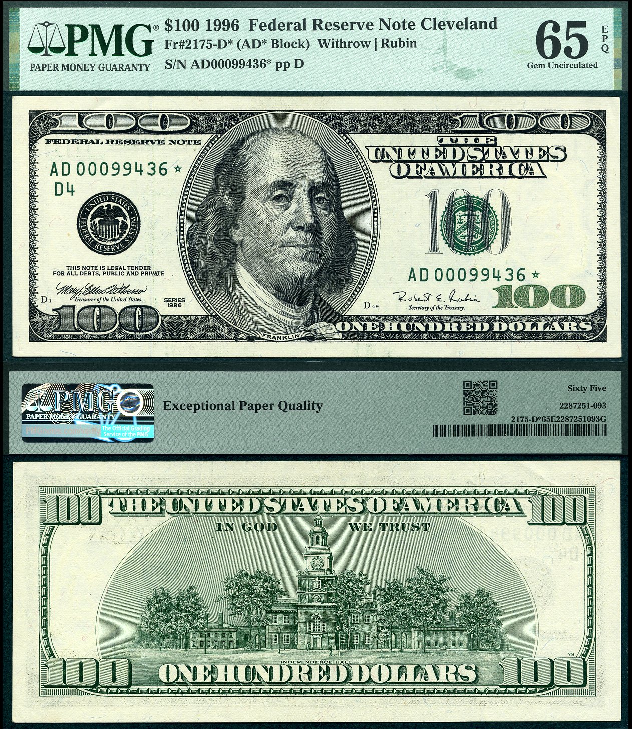 1996 $100 Federal Reserve Star Note Cleveland FR-2175-D* PMG Graded Gem 65EPQ S/N AD00099436*