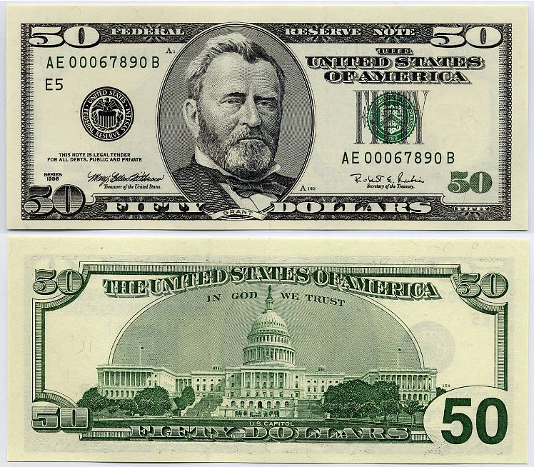1996 $50 Federal Reserve Note Ladder Up S/N AE00067890B