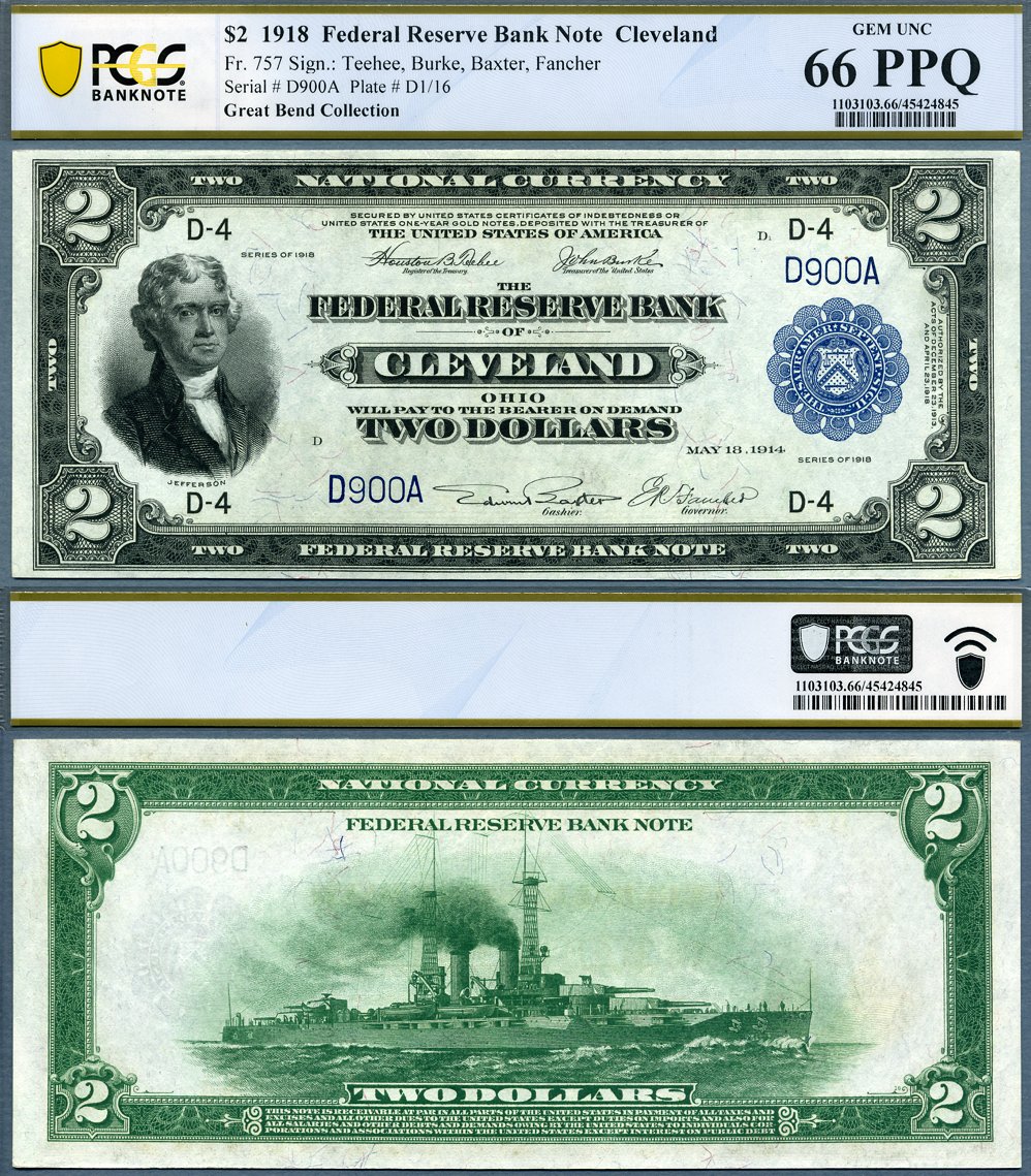 1918 $2 Federal Reserve Bank Note AKA The Battleship FR-757 PCGS B Gem66PPQ S/N D900A