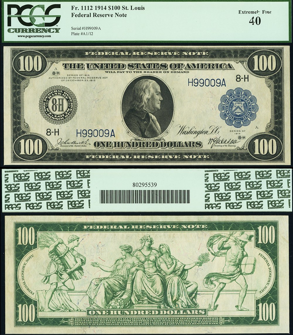 1914 $100 Federal Reserve Note FR-1112 PCGS EF40 S/N H99009A