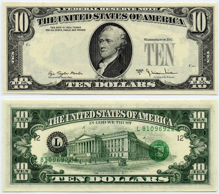 1977 A $10 3rd Printing Error Seals And Serials On Reverse # 1 of 2 Consecutive