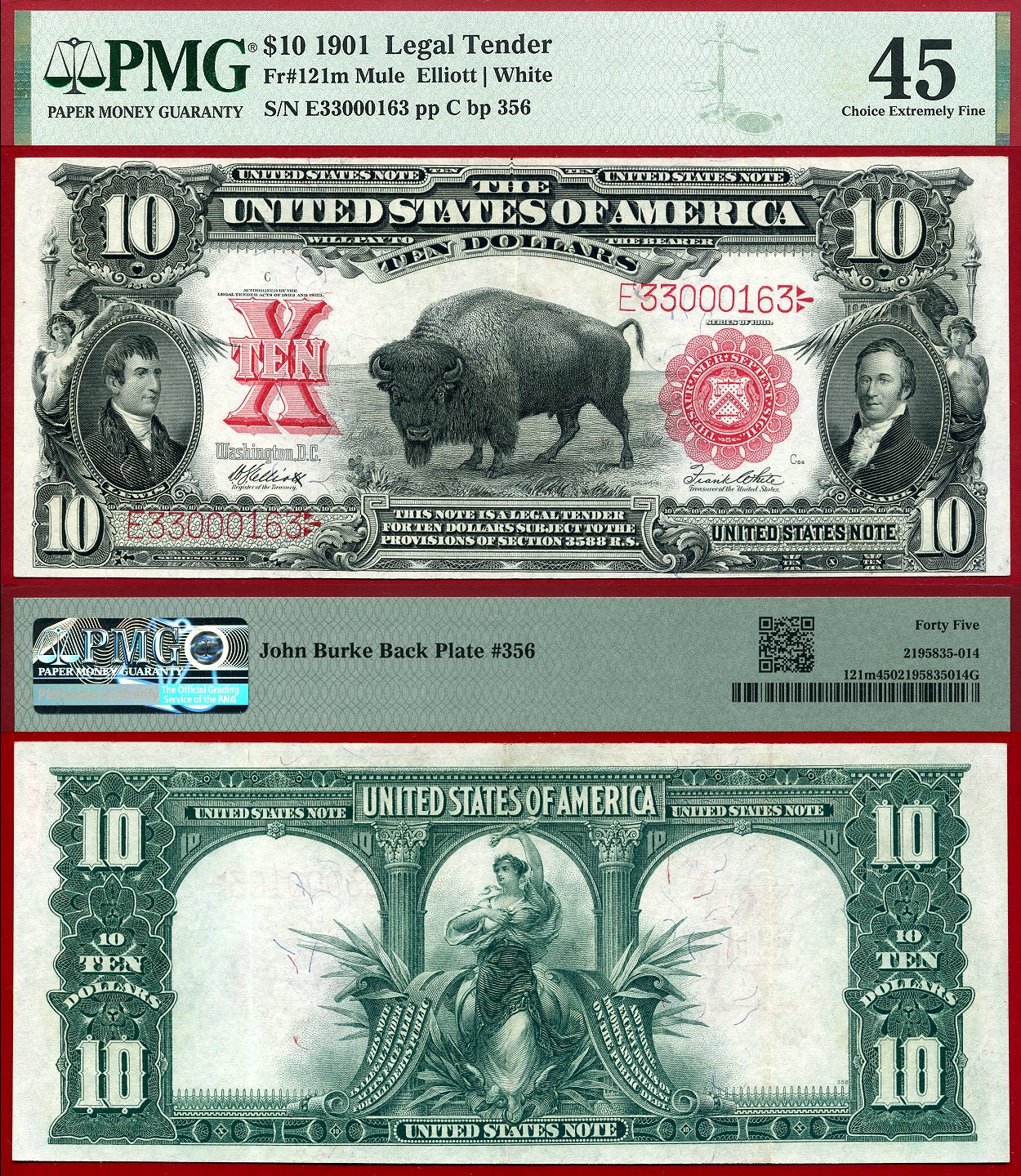 1901 $10 Legal Tender Note "Bison or Buffalo" FR-121m Mule PMG Graded EF45 S/N E33000163
