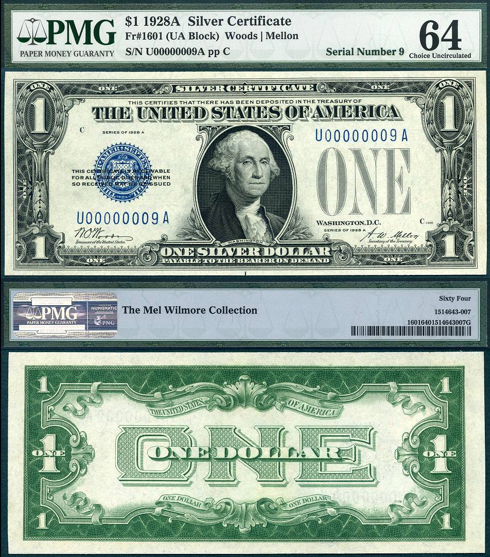 1928A $1 Silver Certificate FR-1601 PMG CU64 S/N U00000009A