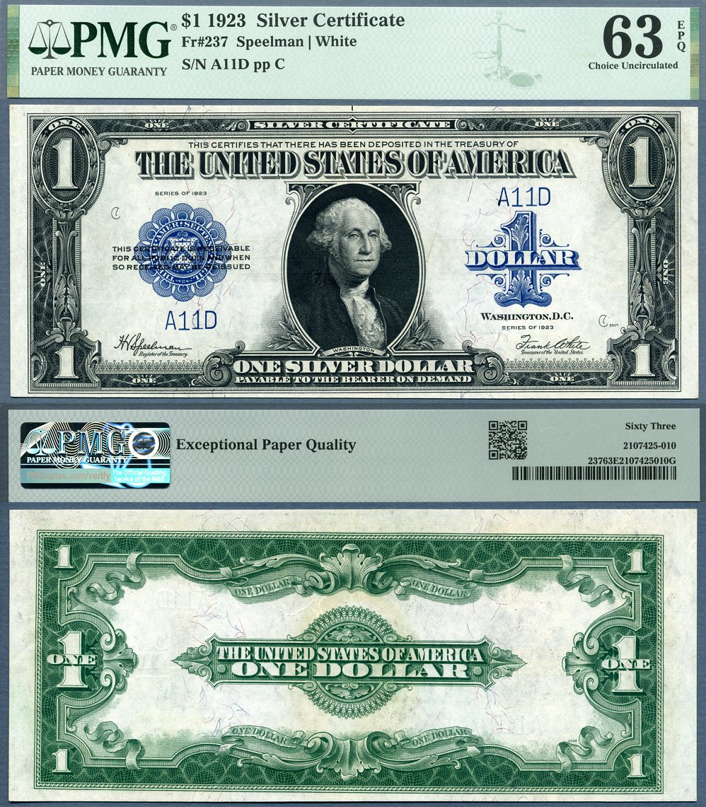 1923 $1 Silver Certificate FR-237 PMG Graded Choice Uncirculated 63EPQ Low S/N A11D