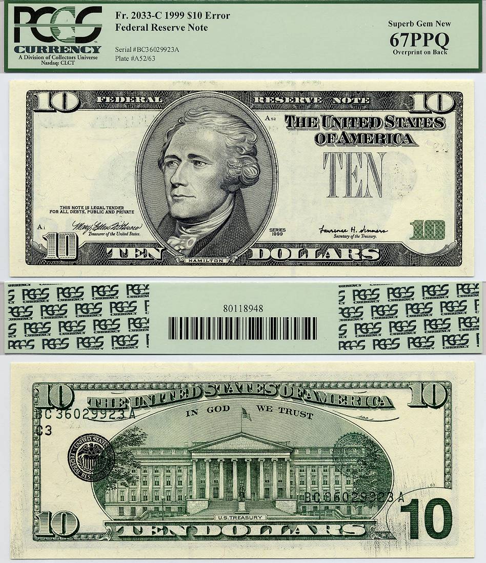 1999 $10 FRN 3rd Printing Error Seals and Serials on the Back