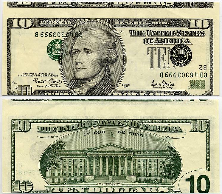 2001 $10 Federal Reserve Note "Inverted Overprint With A Moderate Misalignment Cutting Error"