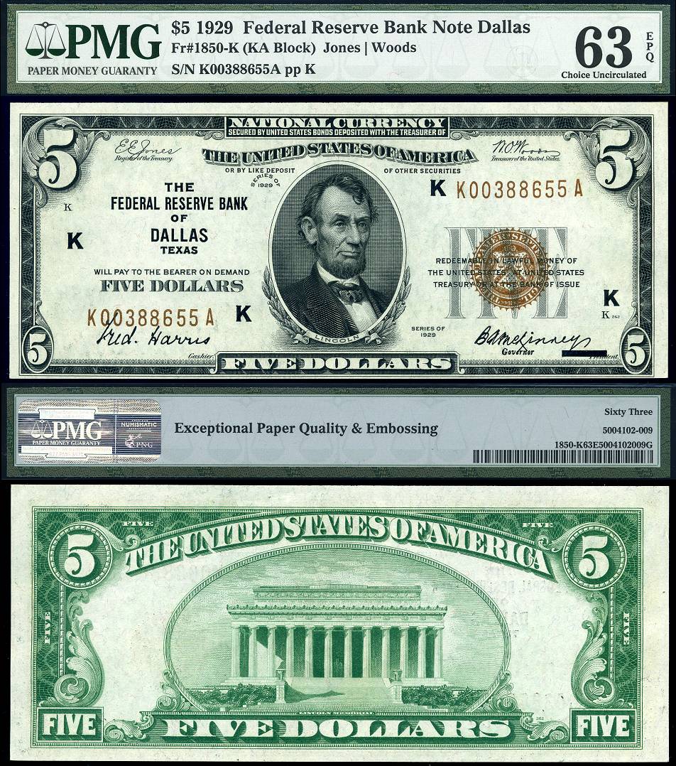 1929 $5 Federal Reserve Bank Note FR-1850-K Dallas Texas PMG CU 63EPQ S/N K00388655A