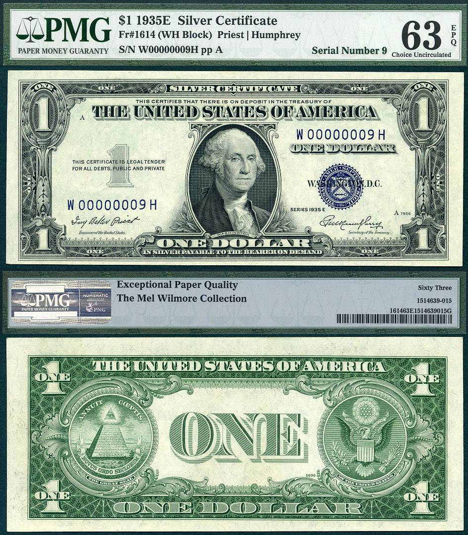 1935E $1 Silver Certificate FR-1614 PMG CU 63EPQ S/N W00000009H