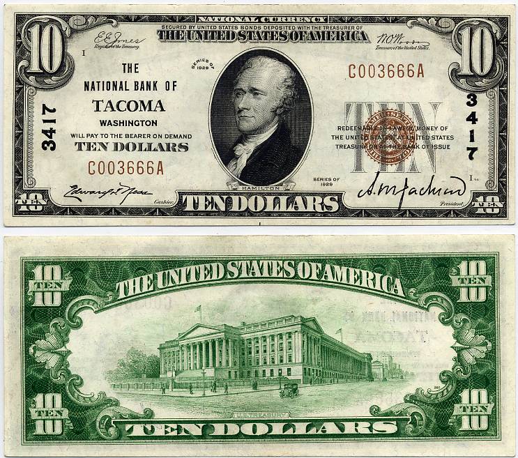 1929 $10 First National Bank of Tacoma Washington Charter Number 3417