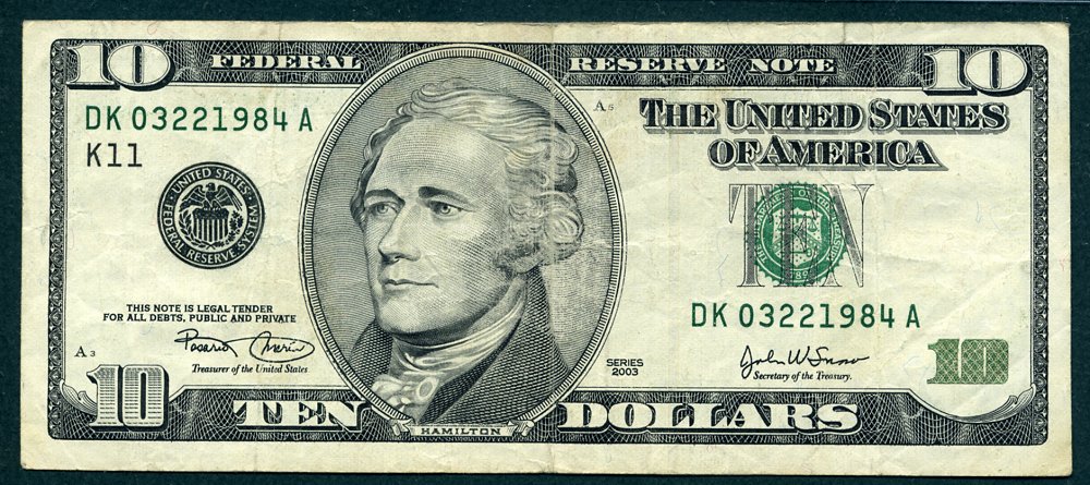 2003 $10 Federal Reserve Note S/N DK03221984A