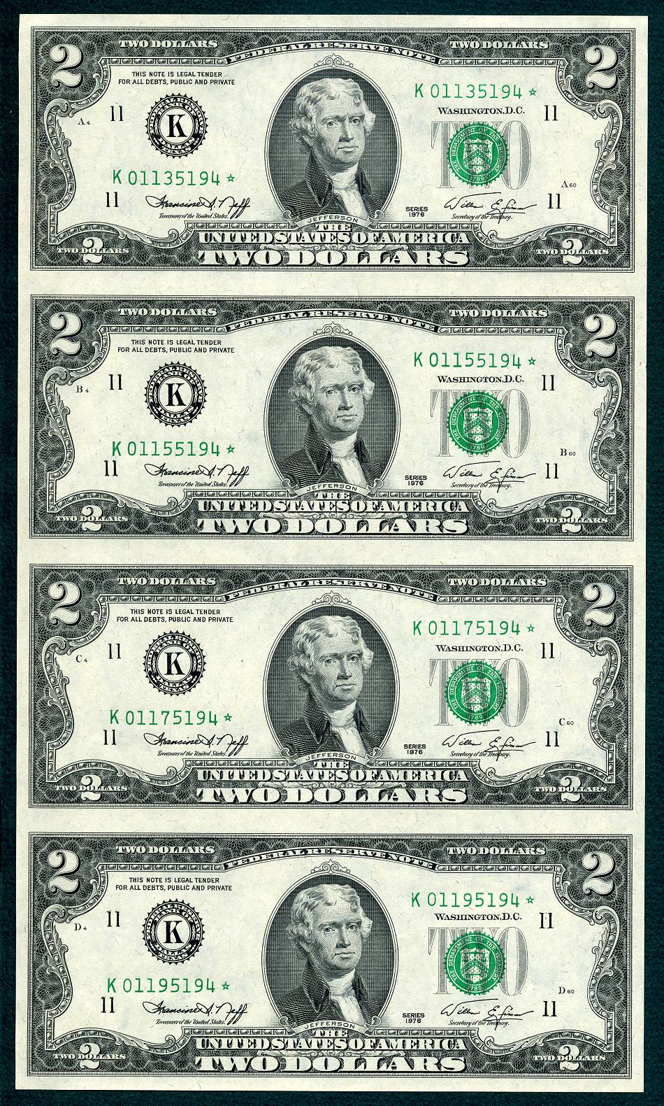 1976 $2 Federal Reserve 4 Note Uncut Star Sheet K* Dallas Texas S/N K01135194*