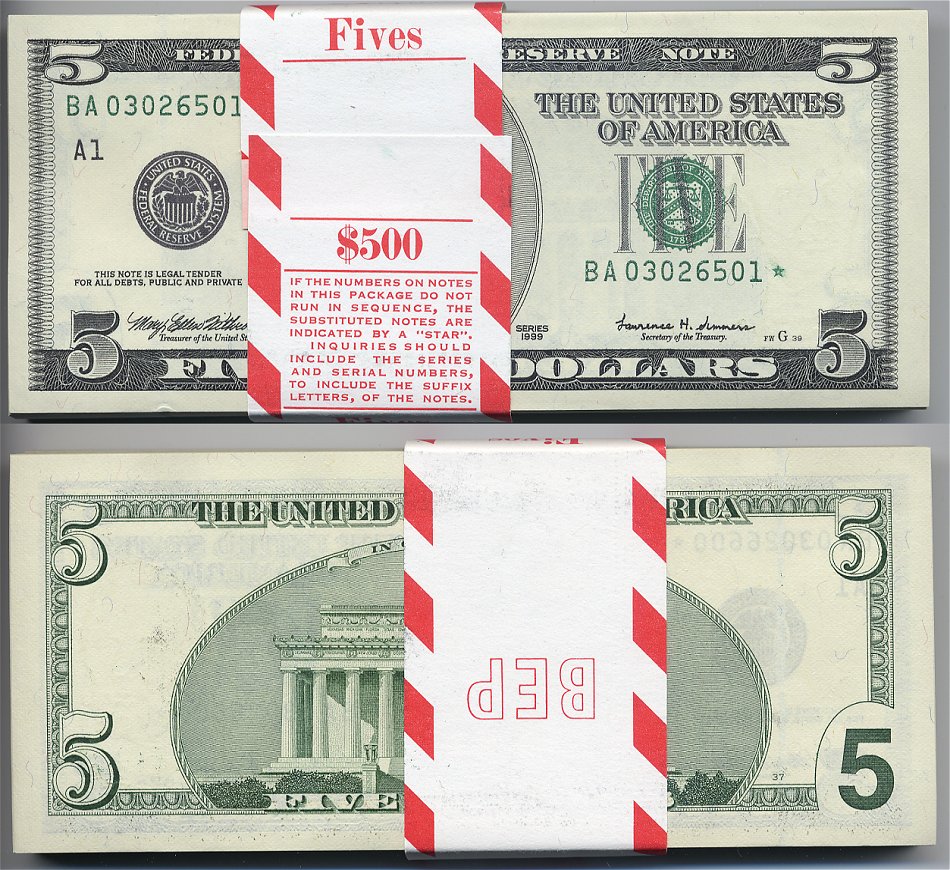 1999 $5 Federal Reserve Star Pack Boston District S/N's BA 03026501* thru 600*