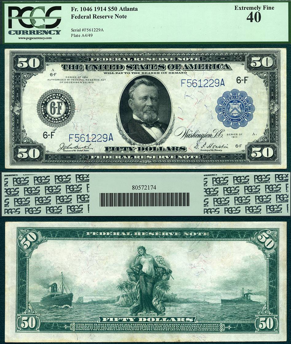 1914 $50 Federal Reserve Note PCGS Graded Extremely Fine 40 S/N F561229A