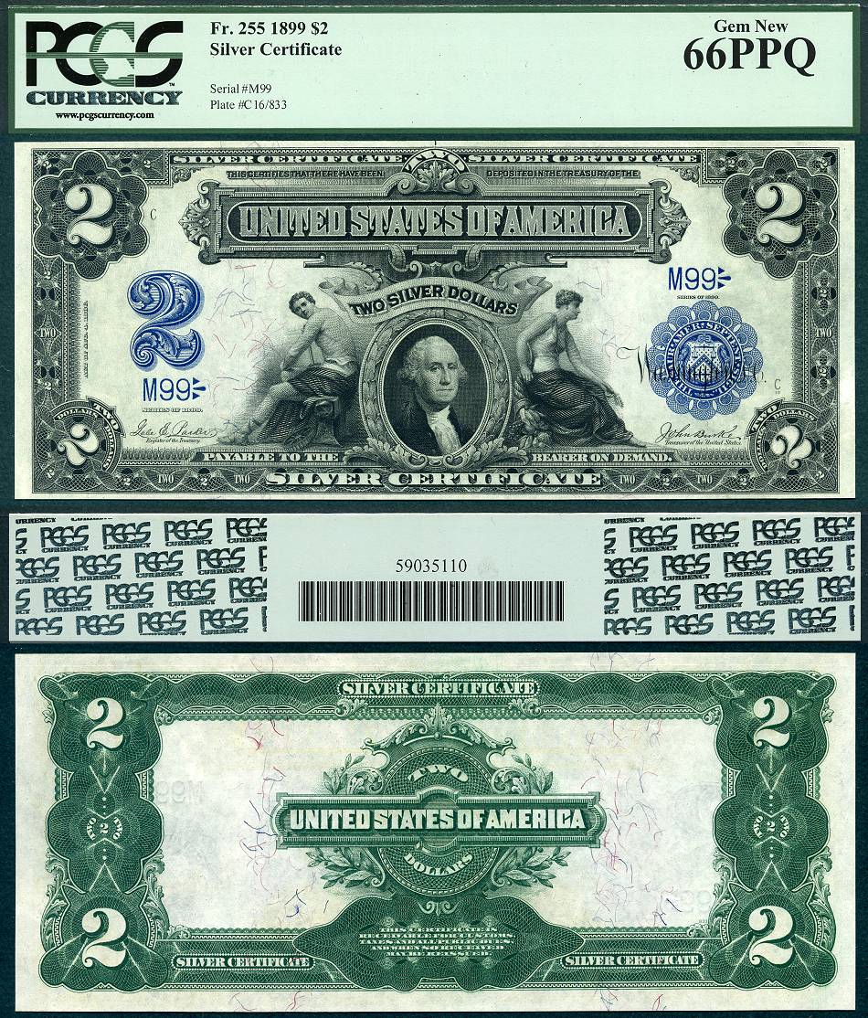 1899 $2 Silver Certificate Black Eagle FR-255 PCGS Gem 66PPQ S/N M99