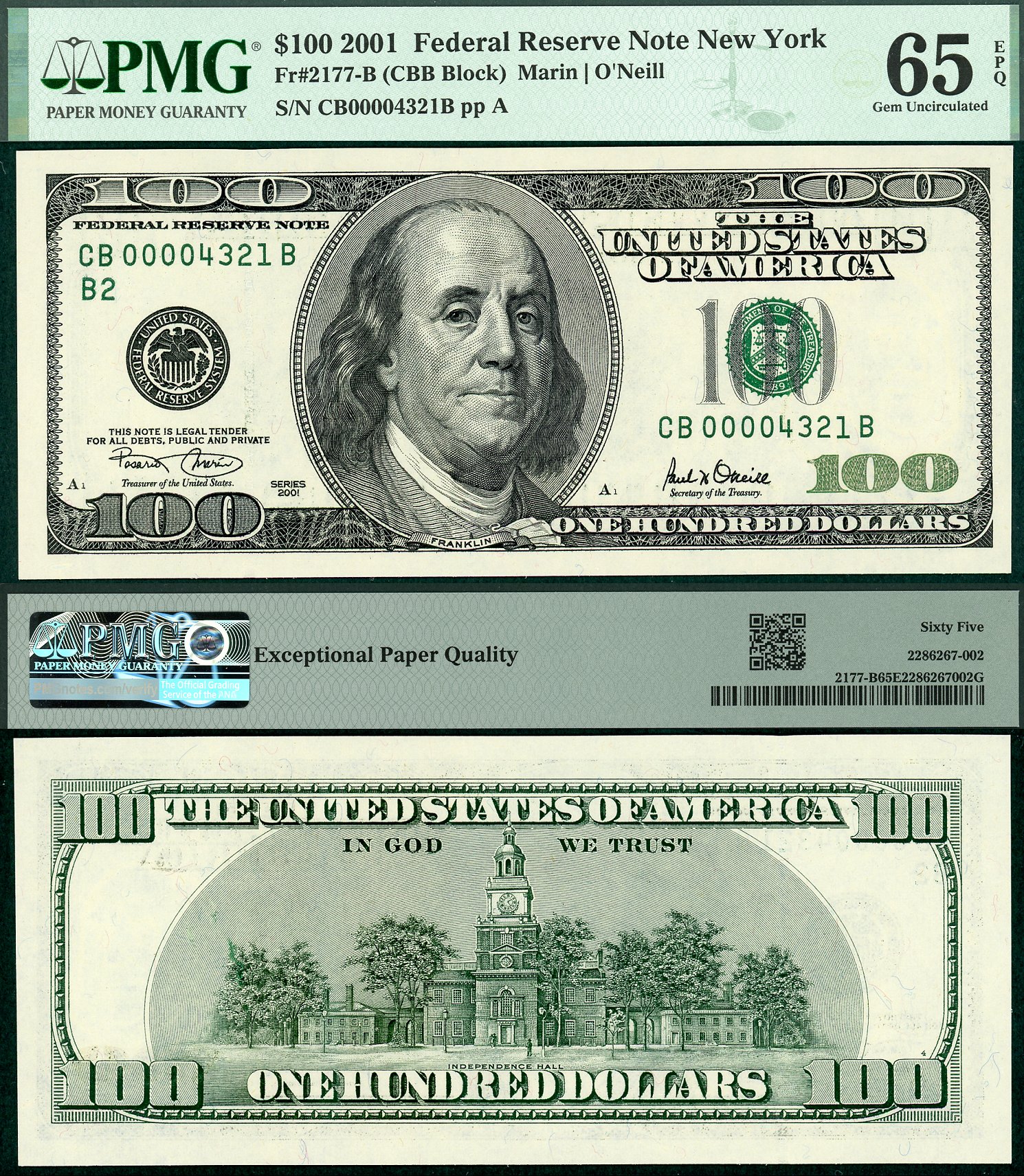 2001 $100 Federal Reserve Down Ladder Note FR-2177B PMG Gem 65EPQ S/N CB00004321B