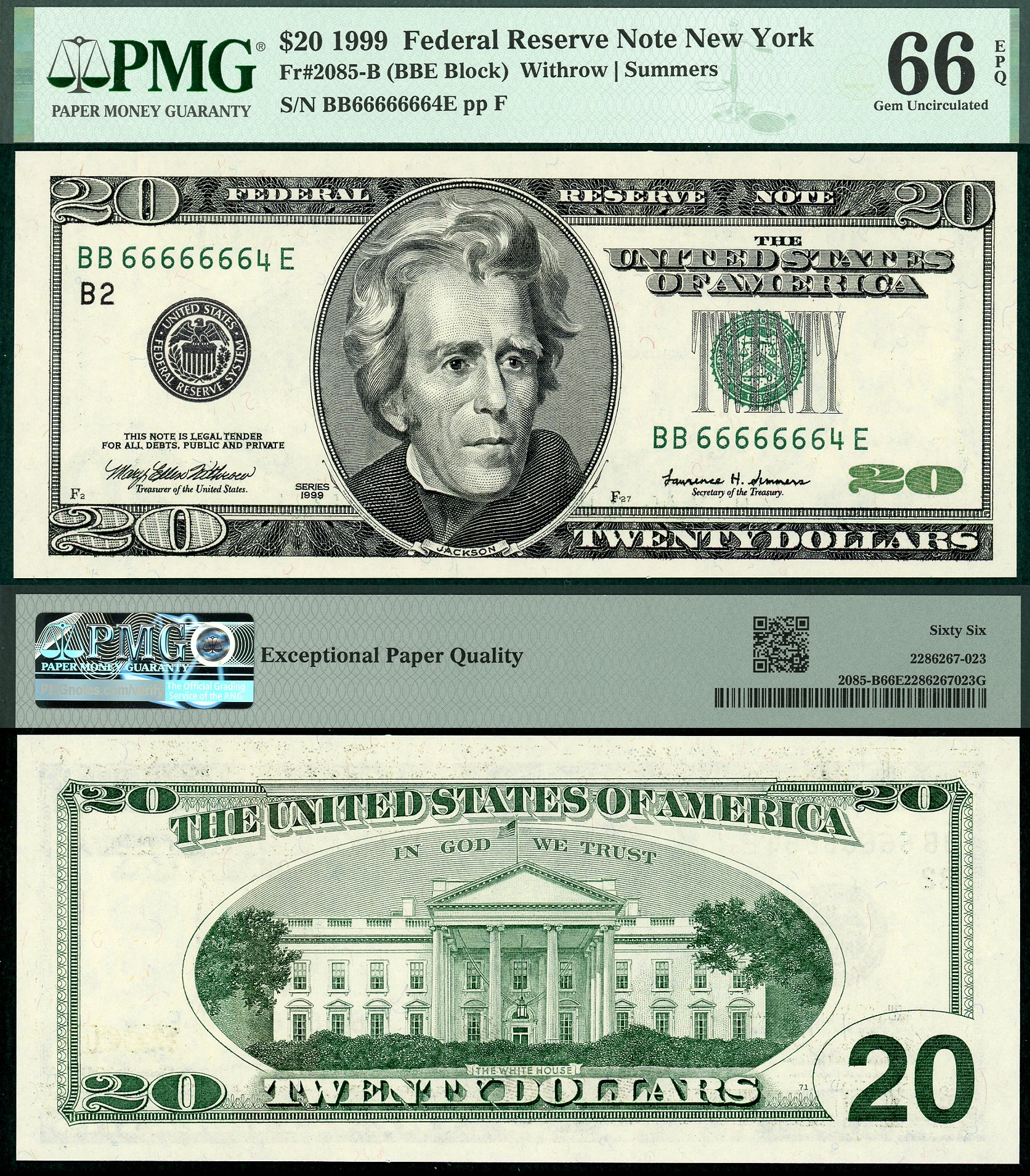 1999 $20 Federal Reserve Note FR-2085 PMG Gem 66EPQ Near Solid S/N BB66666664E