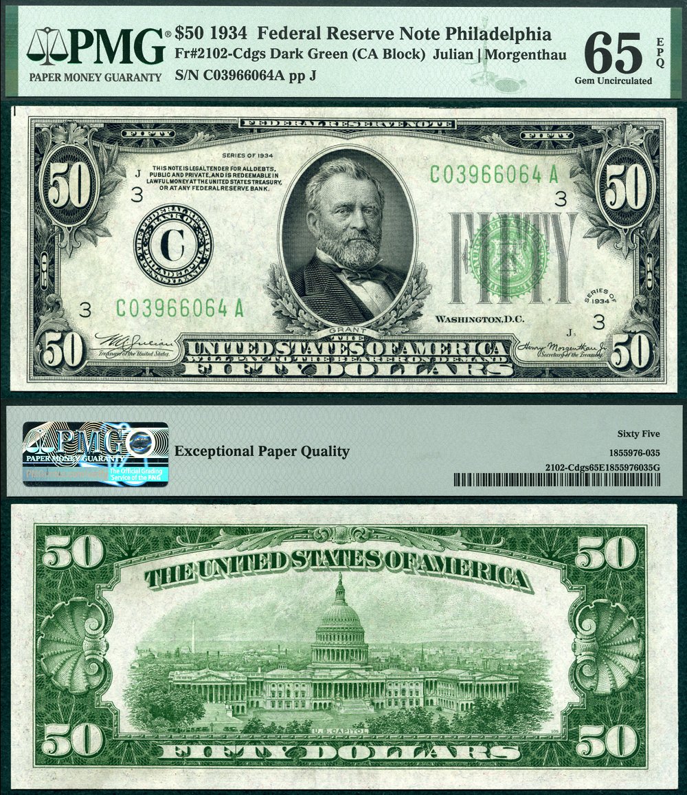 1934 $50 Federal Reserve Note FR-2102Cdgs Dark Green PMG Graded Gem 65EPQ S/N C03966064A
