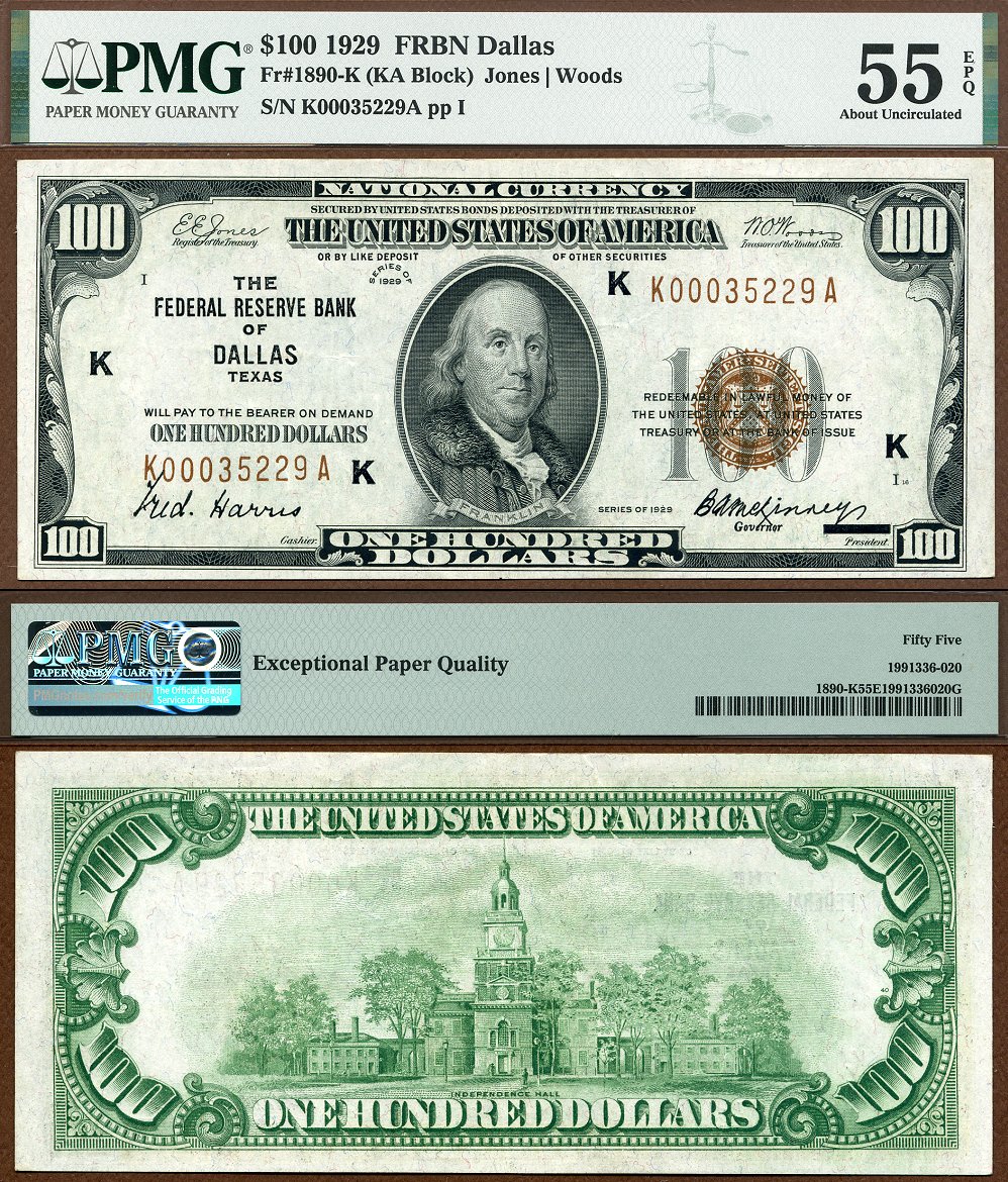 1929 $100 Federal Reserve Bank Note FR-1890-K Dallas Texas PMG Graded AU 55EPQ S/N K00035229 A