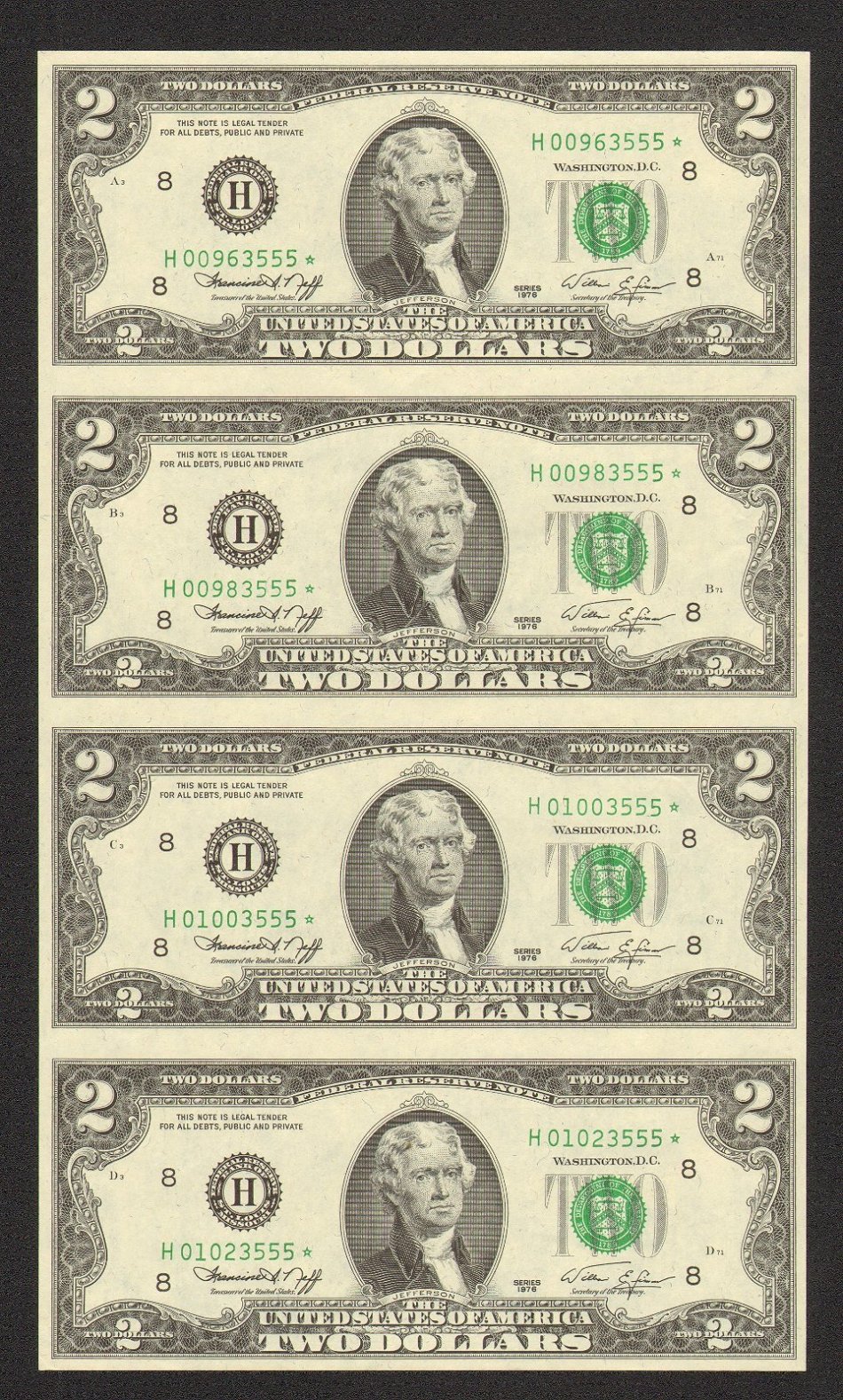 1976 $2 Federal Reserve 4 Note Uncut Star Sheet H* St. Louis S/N H00963555*