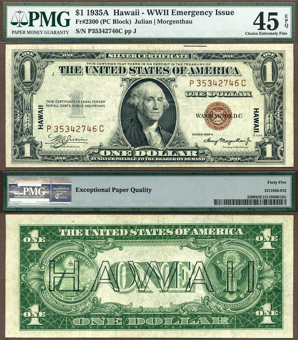 1935A $1 Hawaii Silver Certificate FR-2300 PMG Graded EF 45EPQ S/N P35342746C