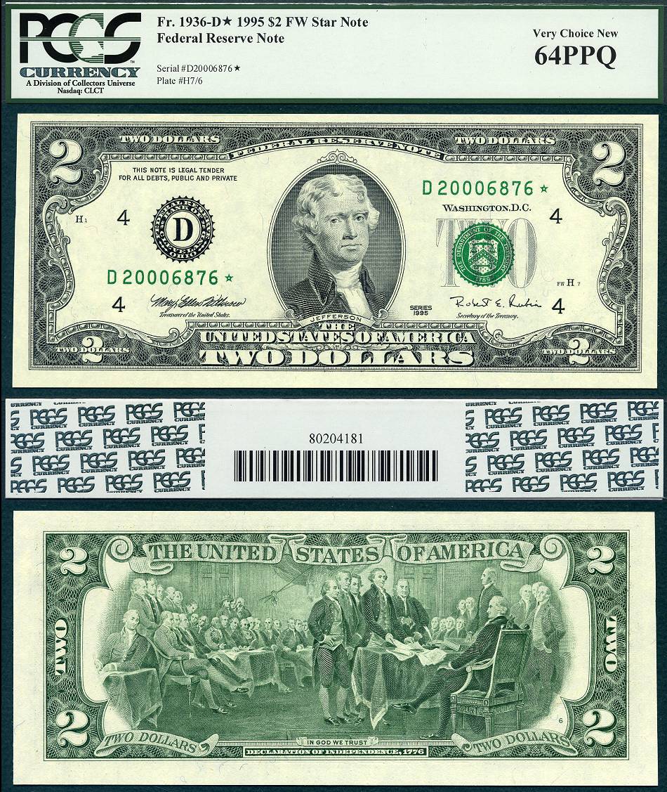 1995 $2 Federal Reserve Millennium Star Note FR-1935L* S/N D20006876*