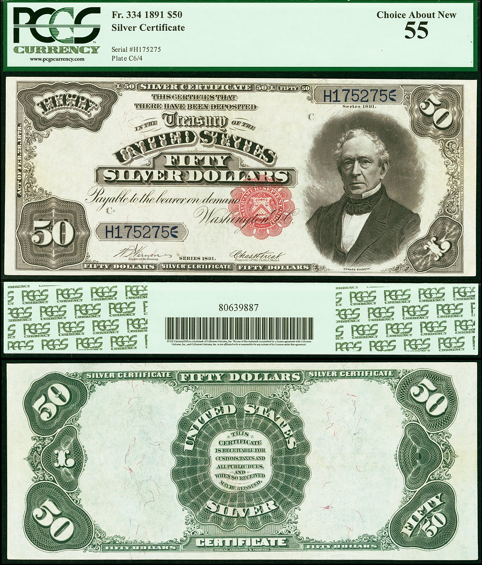 1891 $50 Silver Certificate FR-334 PCGs AU 55 S/N H175275