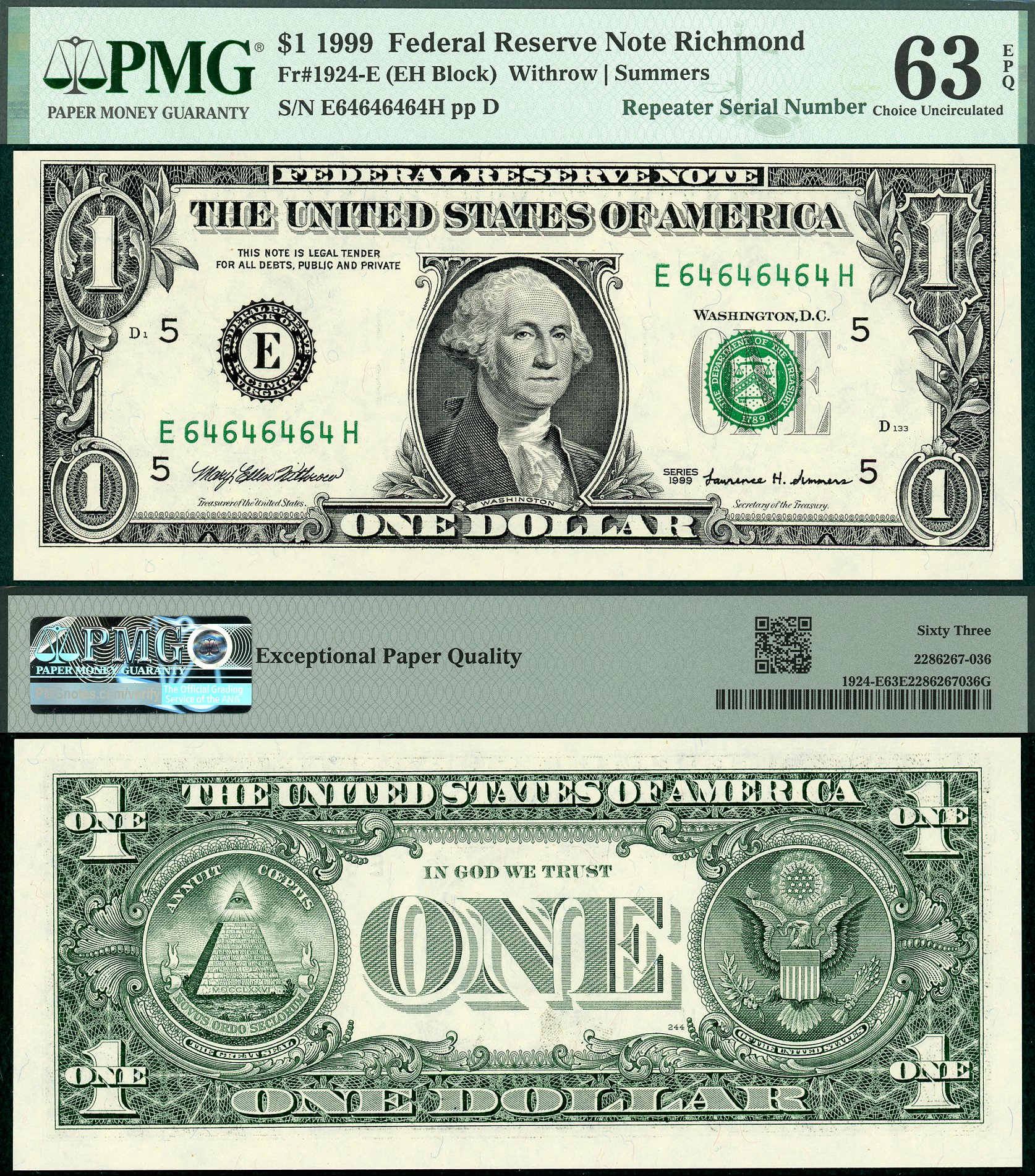 1999 $1 Federal Reserve Note FR-1924E PMG CU63EPQ Fancy Super Repeater S/N E64646464H