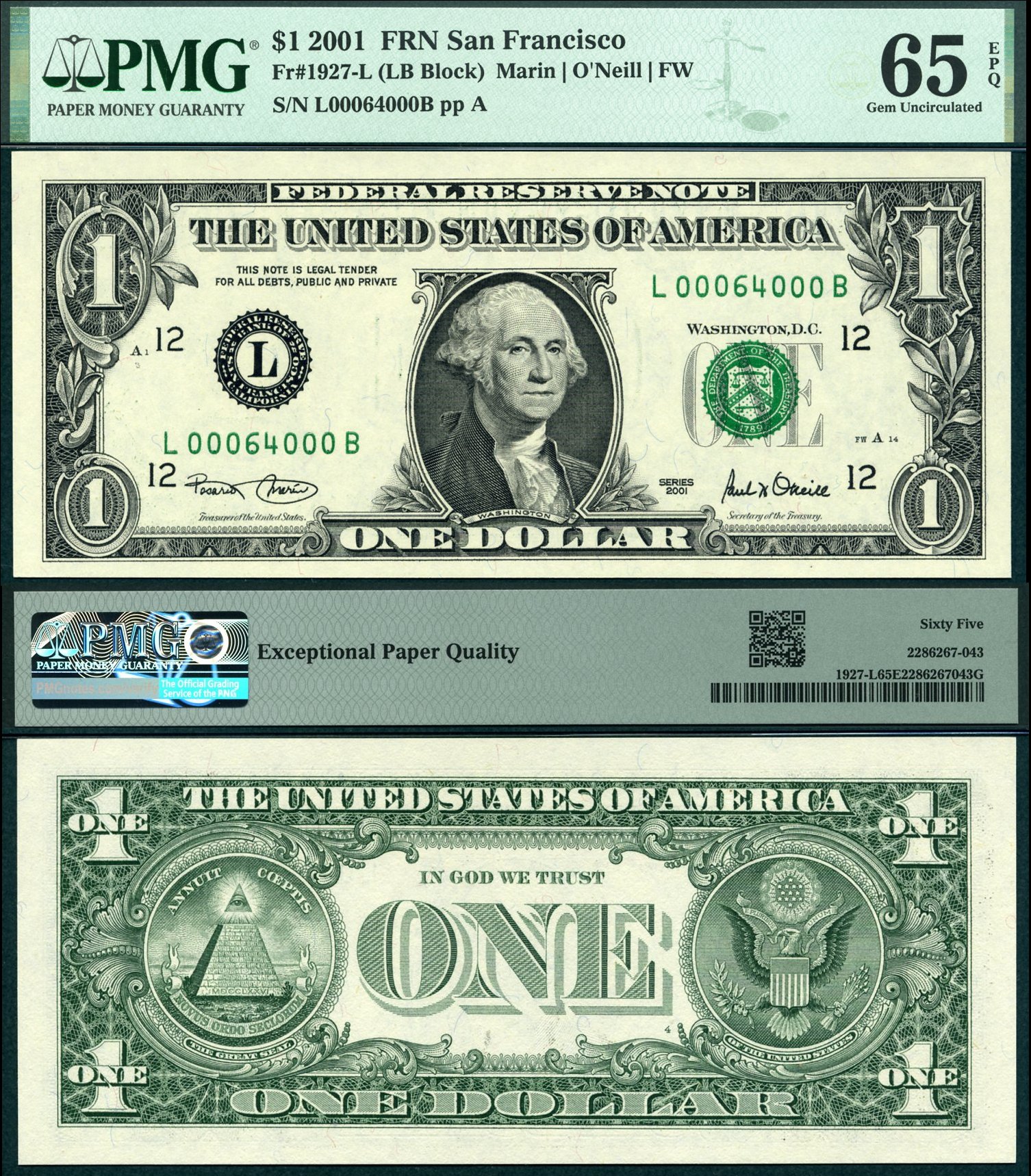 2001 $1 Federal Reserve Note FR-1927L PMG Gem 65EPQ Fancy S/N L00064000B