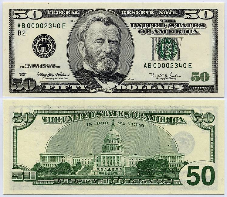 1996 $50 Federal Reserve Note Low Serial Ladder S/N AB00002340E
