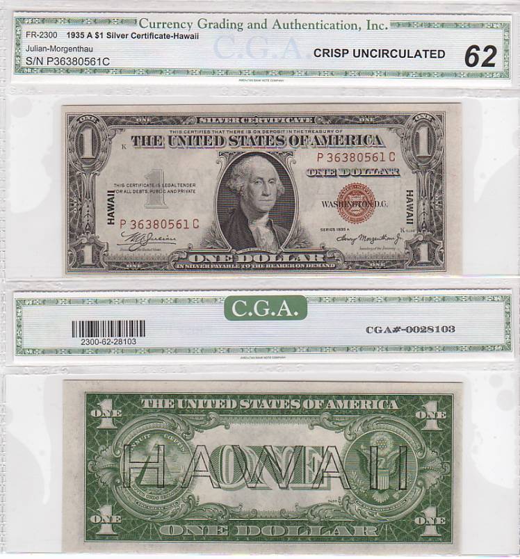 1935-A $1 Hawaii Silver Certificate FR-2300 CGA Graded CU62 S/N P 36380561 C