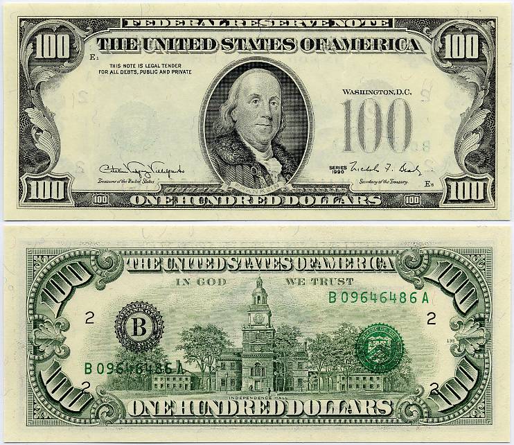 1990 $100 Federal Reserve Error Note Third Printing On The Reverse