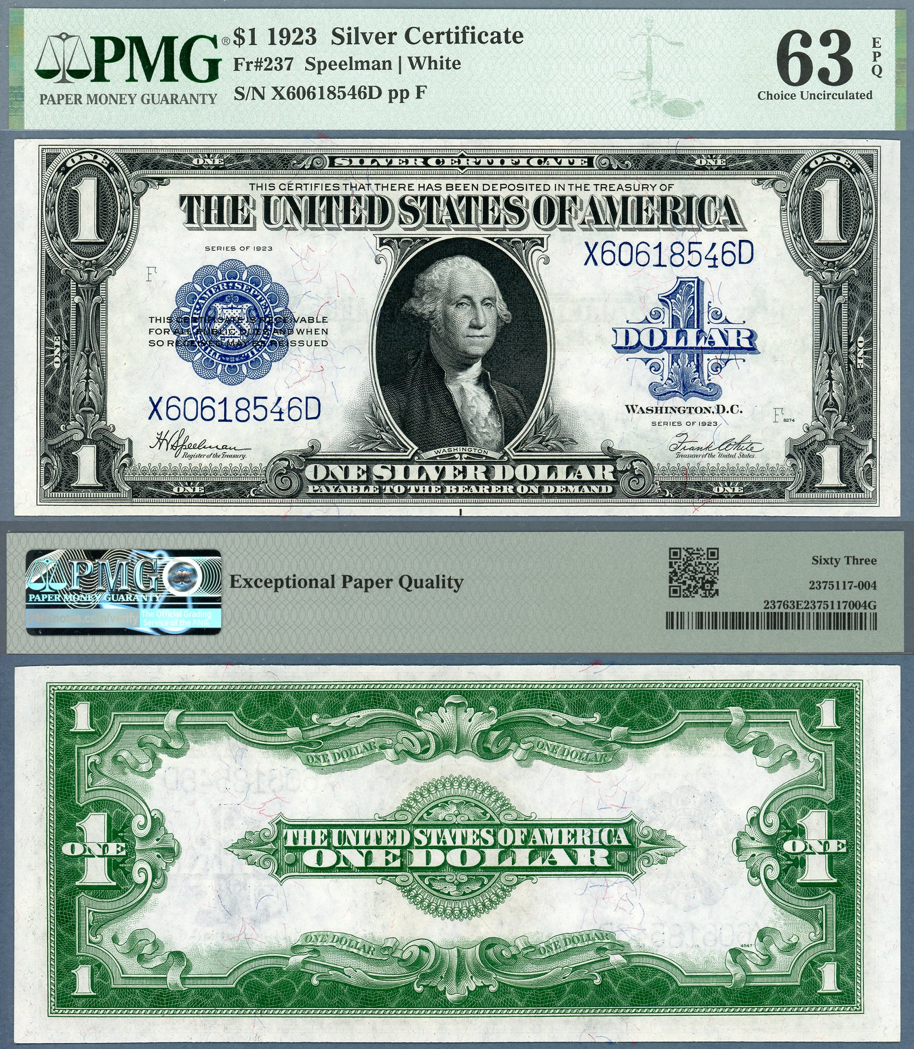 1923 $1 Silver Certificate FR-237 PMG CU 63EPQ S/N X60618546D
