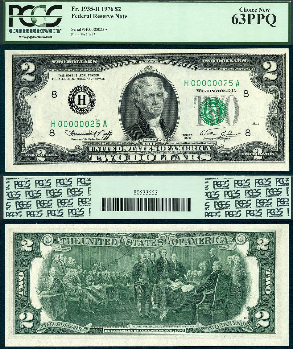 1976 $2 Federal Reserve Note FR1935-H PCGS CU 63PPQ S/N H00000025A