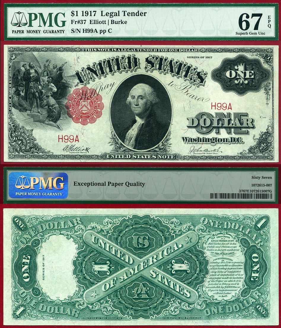 1917 $1 Legal Tender Note FR-37 PMG Gem 67EPQ S/N H99A