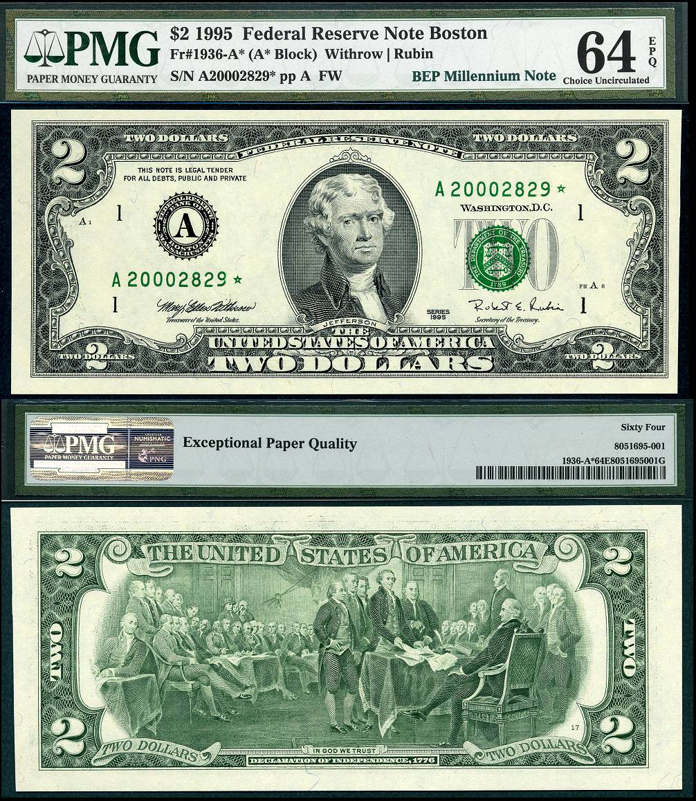 1995 $2 Millennium Federal Reserve PMG Star Set