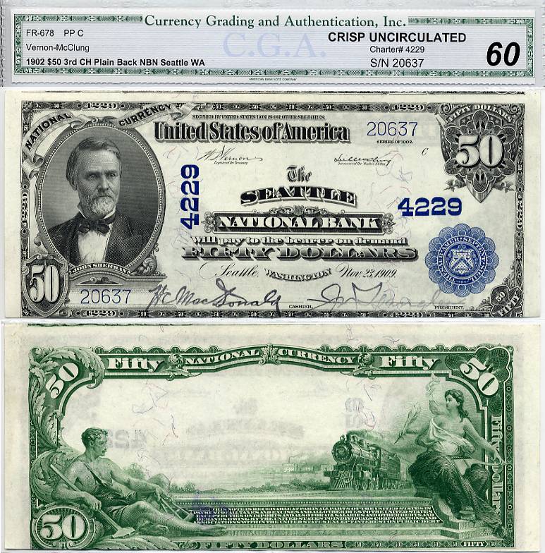 1902 $50 The Seattle National Bank Washington Charter 4229 S/N 20367