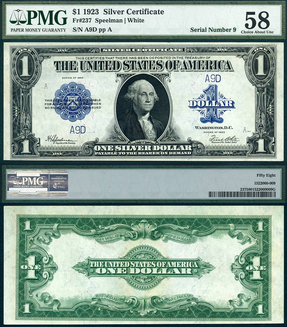 1923 $1 Silver Certificate FR-237 PMG AU58 S/N A9D