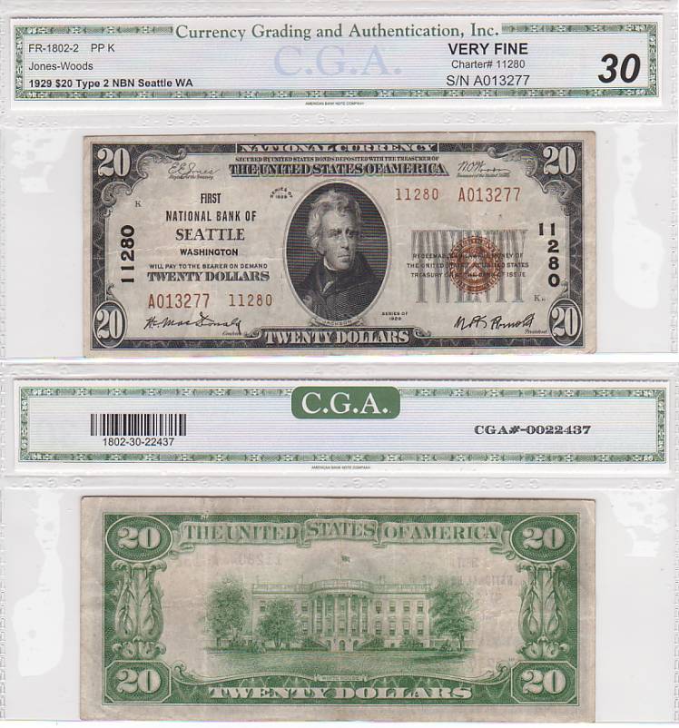 1929 $20 First National Bank of Seattle Washington Type II FR-1802-2