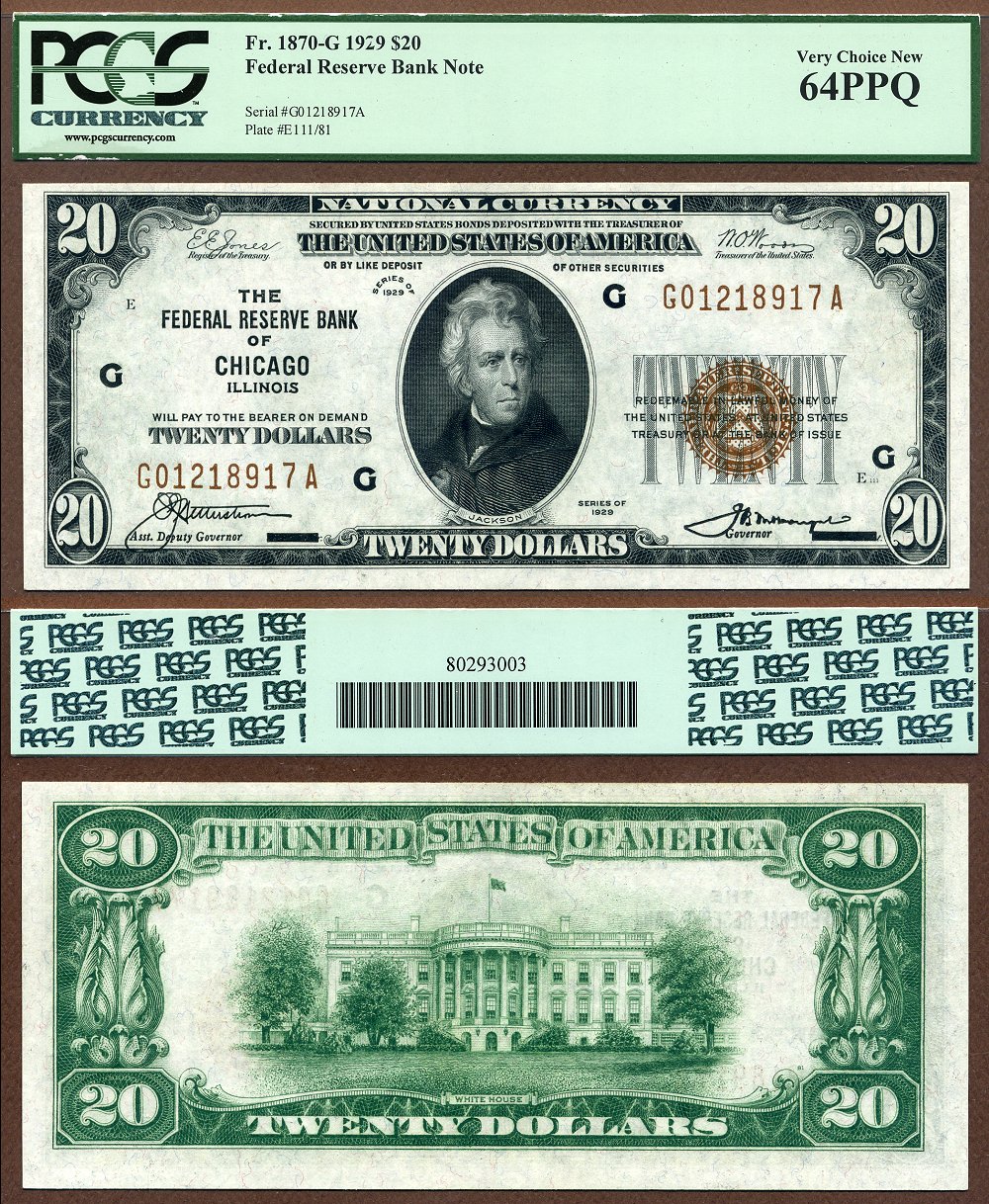 1929 $20 Federal Reserve Bank Note FR-1870-G Chicago S/N G01218917A