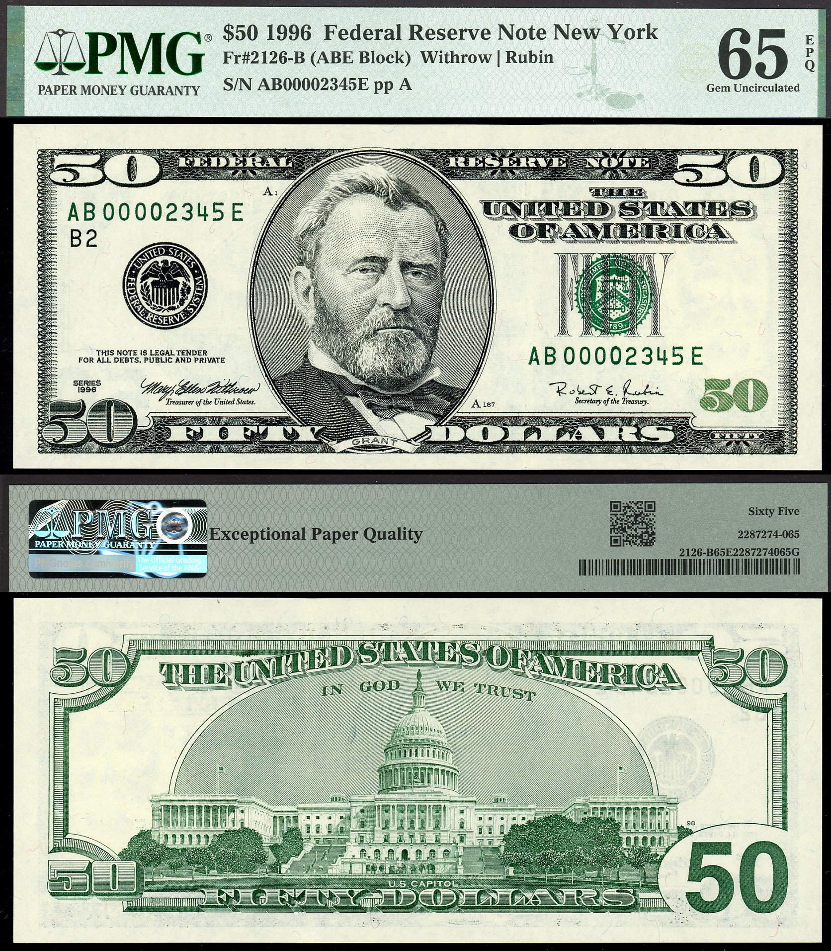 1996 $50 Federal Reserve Note FR-2126B PMG Gem 65EPQ Ascending Ladder S/N AB00002345E