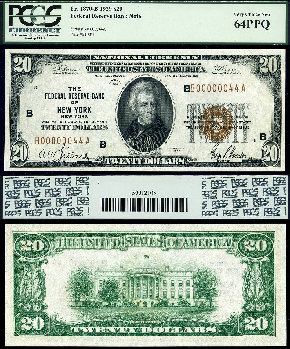 1929 $20 Federal Reserve Bank Note FR-1870-B New York PCGS CU64 PPQ Low Serial S/N B00000044A
