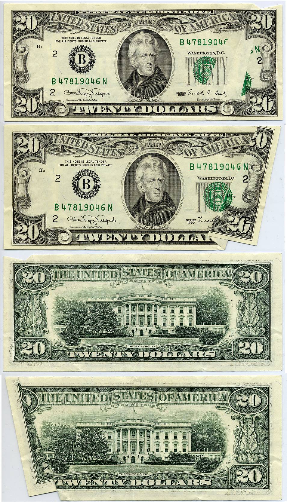 1990 $20 FRN Error Third Printing Paper Jam Causing Fold Over Error